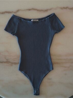 Sweet Rain Off-Shoulder Ribbed One-Piece Bodysuit in Slate Blue